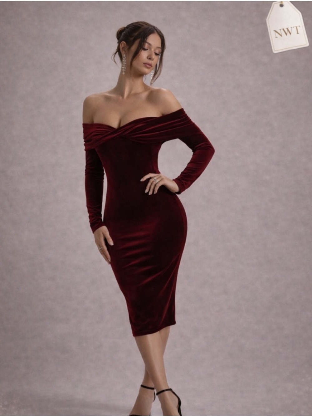 Club L London Off-Shoulder Velvet Midi Dress in Berry/Burgundy Size 6